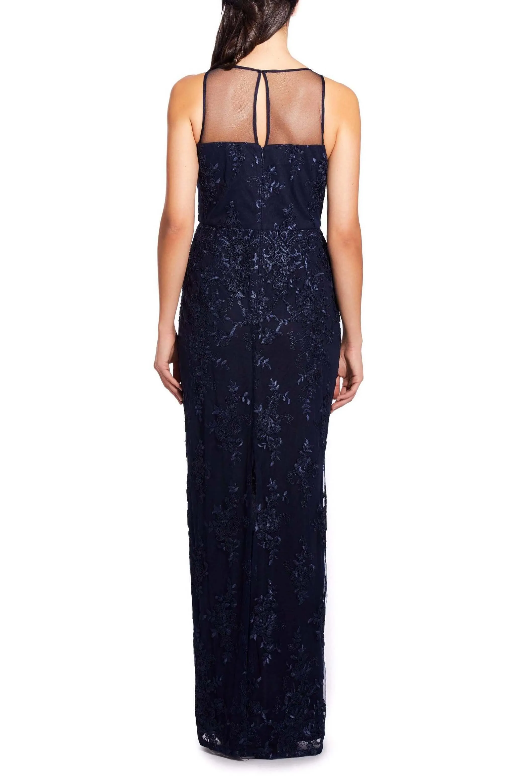 Adrianna Papell Boat Neck Sleeveless Illusion Keyhole Back Floral Lace Dress