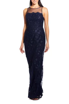 Adrianna Papell Boat Neck Sleeveless Illusion Keyhole Back Floral Lace Dress