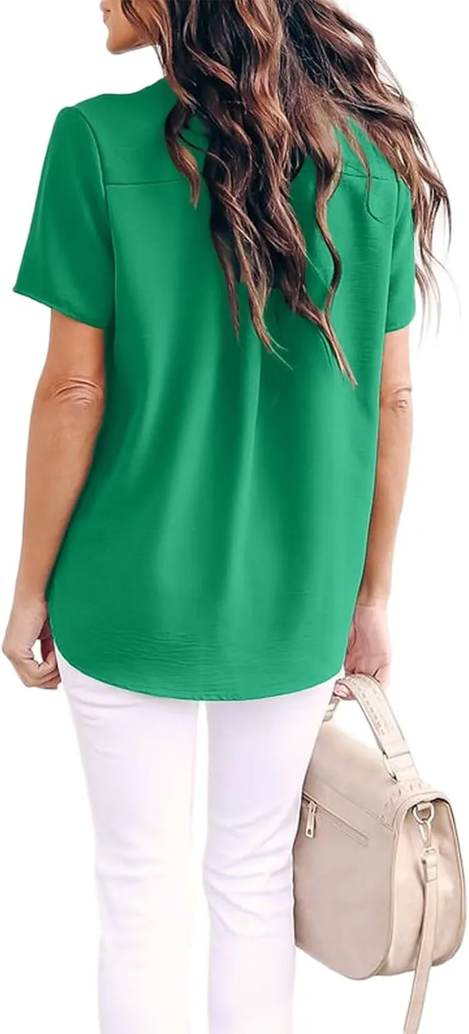 Allimy Women Summer Casual Split V Neckline Chiffon Blouses Loose Tunic Short Sleeve Tops