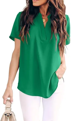 Allimy Women Summer Casual Split V Neckline Chiffon Blouses Loose Tunic Short Sleeve Tops