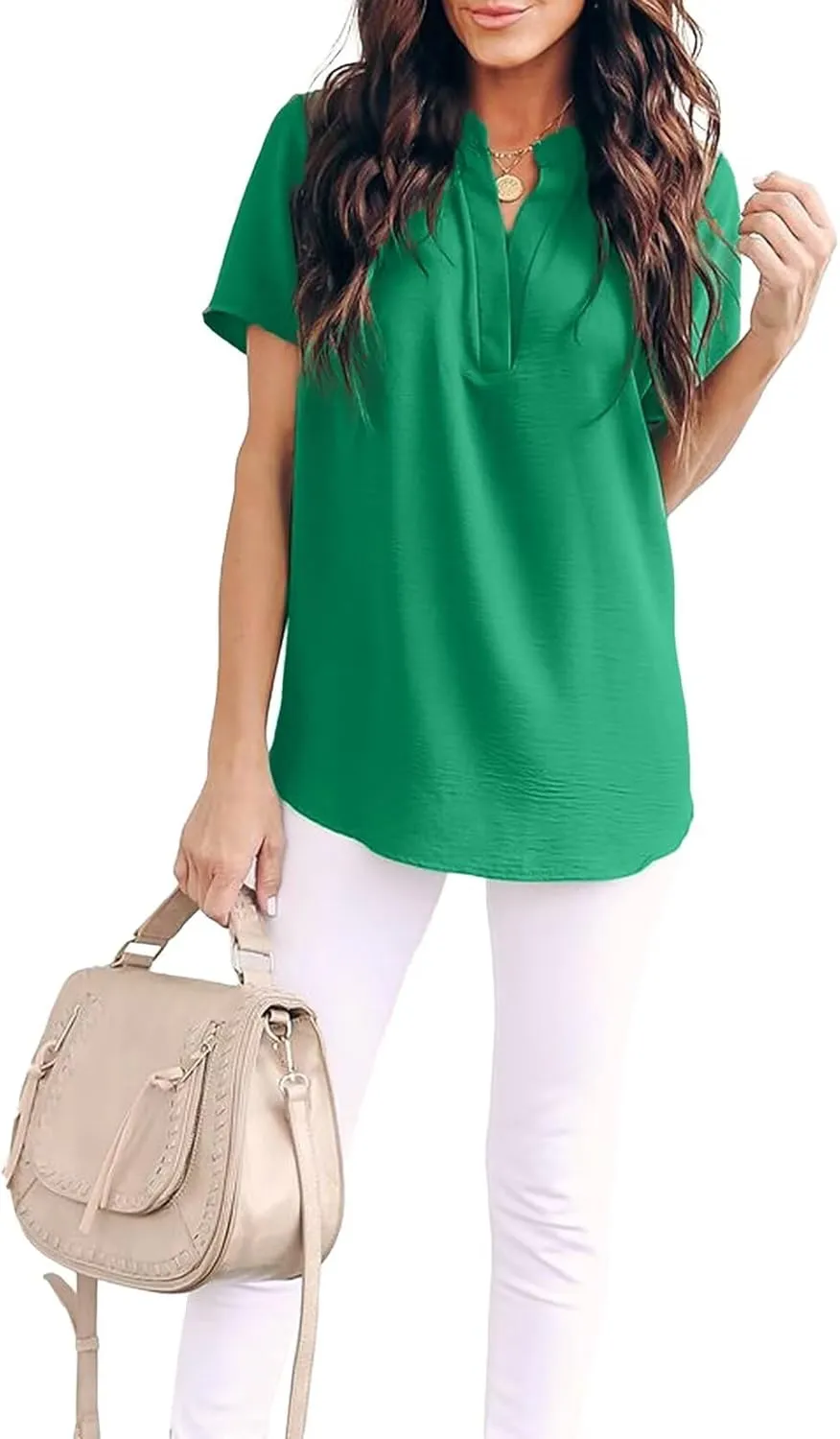 Allimy Women Summer Casual Split V Neckline Chiffon Blouses Loose Tunic Short Sleeve Tops