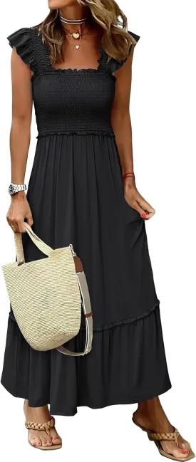 ANRABESS Womens Summer Sleeveless Maxi Dress Square Neck Smocked Boho Casual Ruffle Strap Flowy A-Line Long Beach Sundress