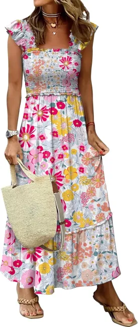 ANRABESS Womens Summer Sleeveless Maxi Dress Square Neck Smocked Boho Casual Ruffle Strap Flowy A-Line Long Beach Sundress