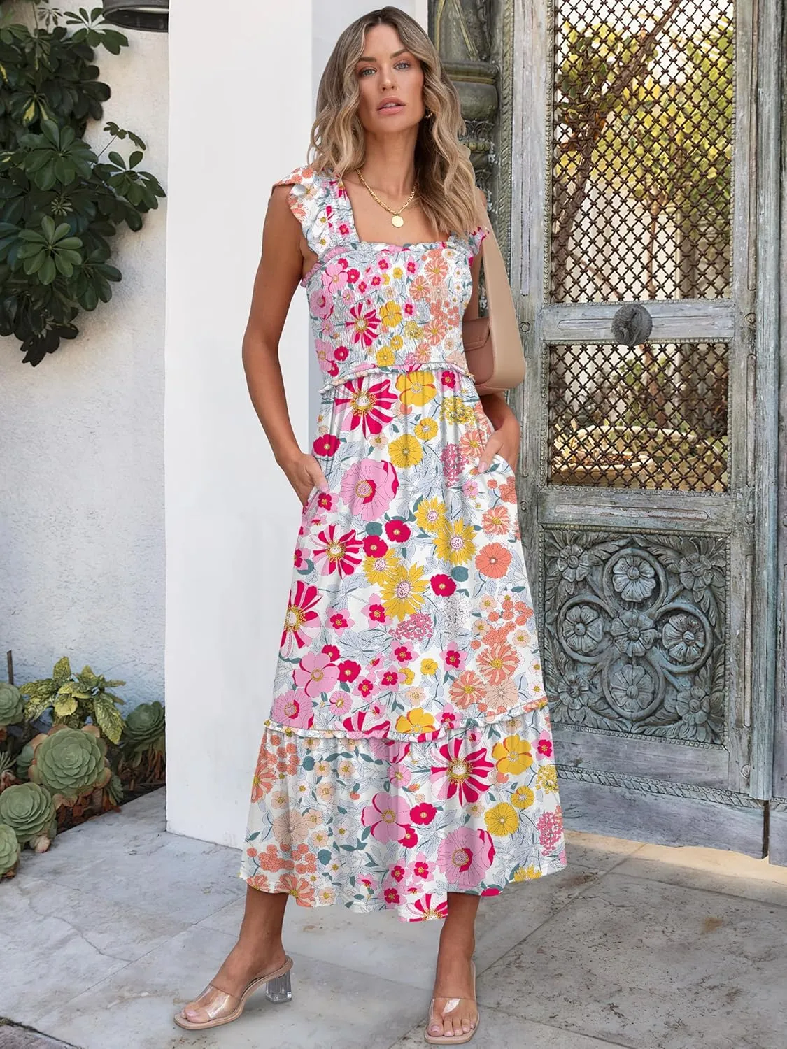 ANRABESS Womens Summer Sleeveless Maxi Dress Square Neck Smocked Boho Casual Ruffle Strap Flowy A-Line Long Beach Sundress