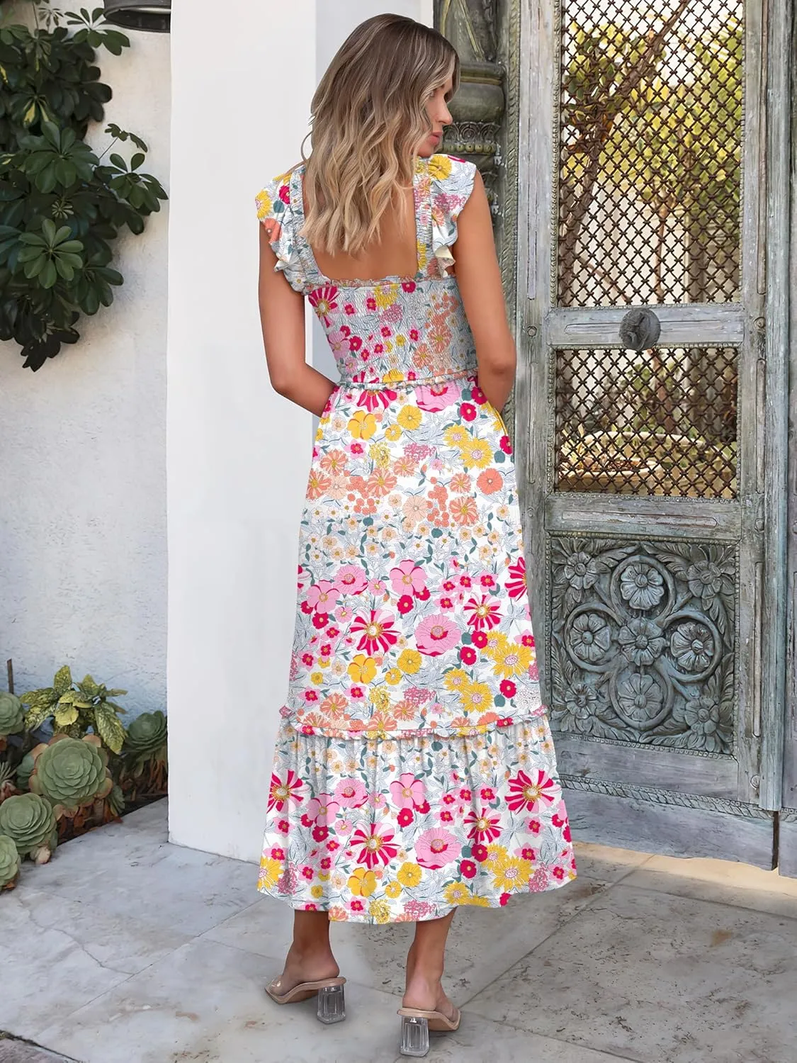 ANRABESS Womens Summer Sleeveless Maxi Dress Square Neck Smocked Boho Casual Ruffle Strap Flowy A-Line Long Beach Sundress