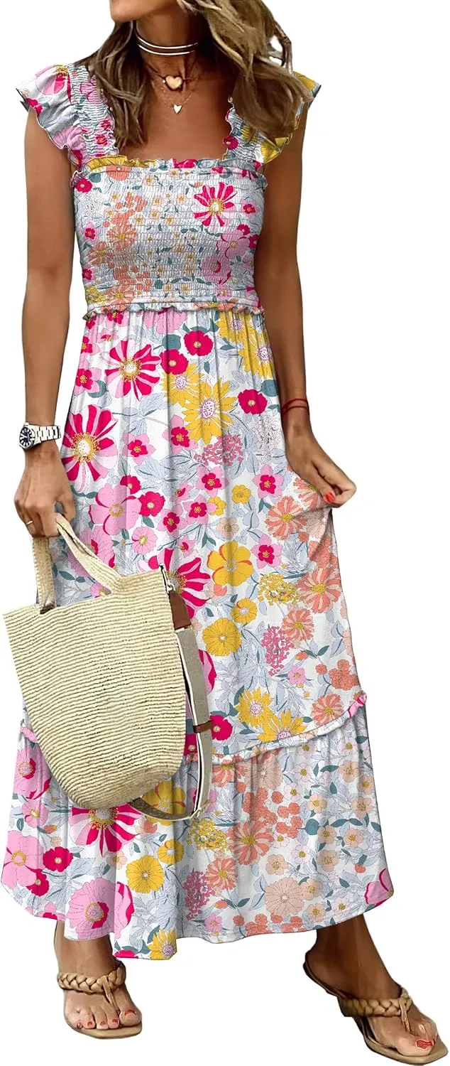 ANRABESS Womens Summer Sleeveless Maxi Dress Square Neck Smocked Boho Casual Ruffle Strap Flowy A-Line Long Beach Sundress