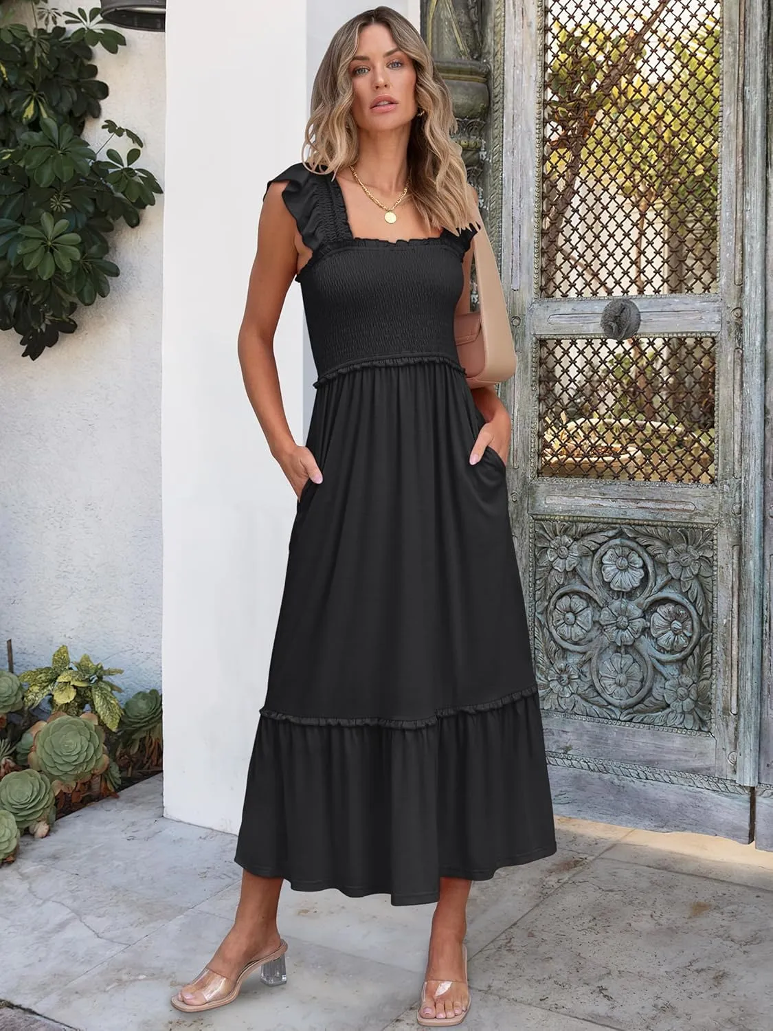 ANRABESS Womens Summer Sleeveless Maxi Dress Square Neck Smocked Boho Casual Ruffle Strap Flowy A-Line Long Beach Sundress