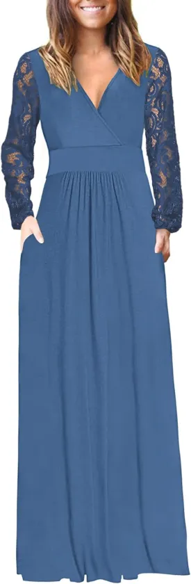AUSELILY Womens Long Sleeve Maxi Dress 2025 Fall Lace Sleeve Dress V Neck Wrap Waist Long Dresses with Pockets