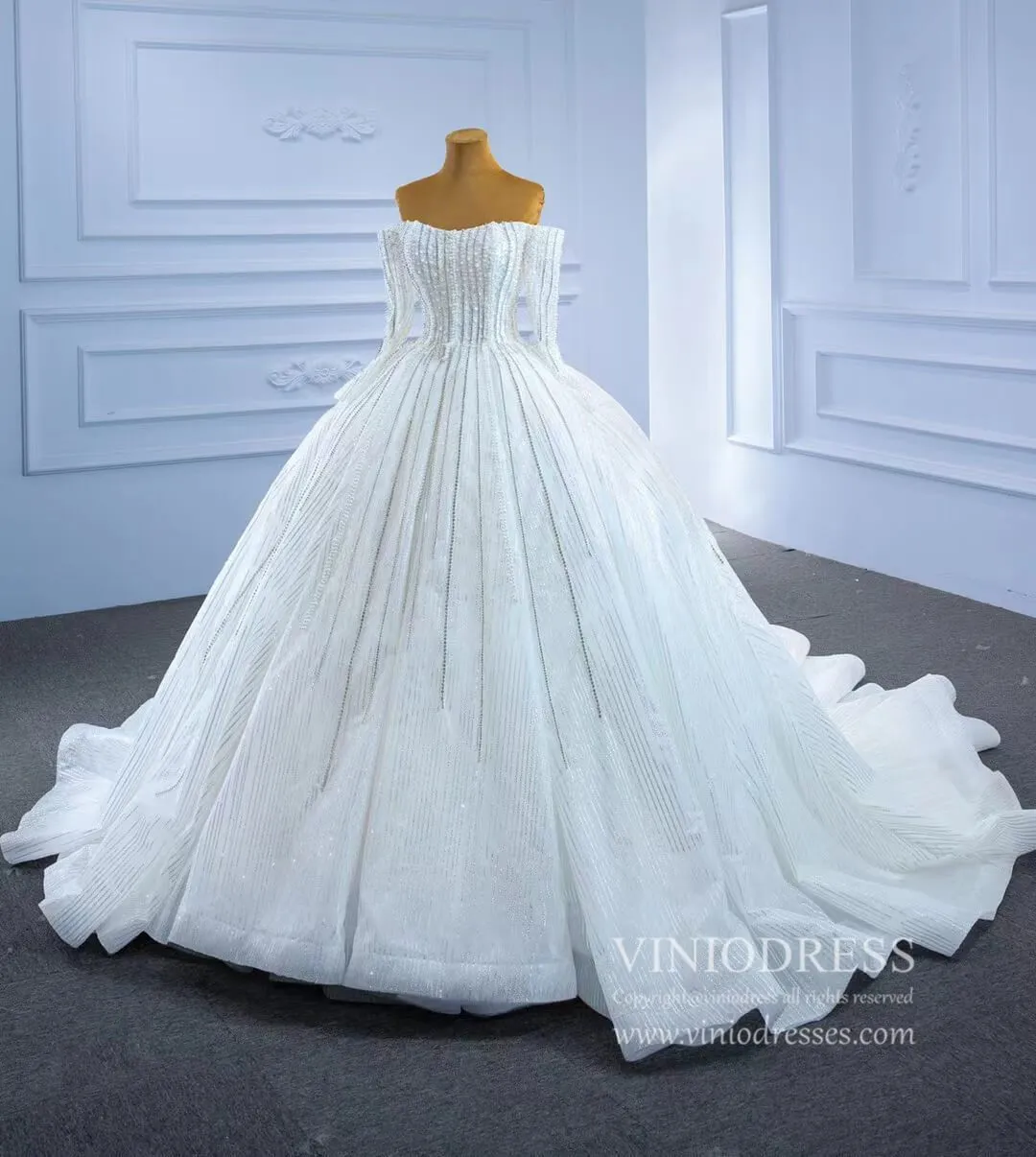 Beaded Off the Shoulder Long Sleeve Wedding Gown VW2036