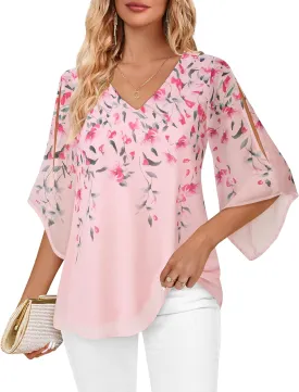 Bebonnie Womens Ruffle 3/4 Sleeve V Neck Double Layers Chiffon Blouses Dressy Tops