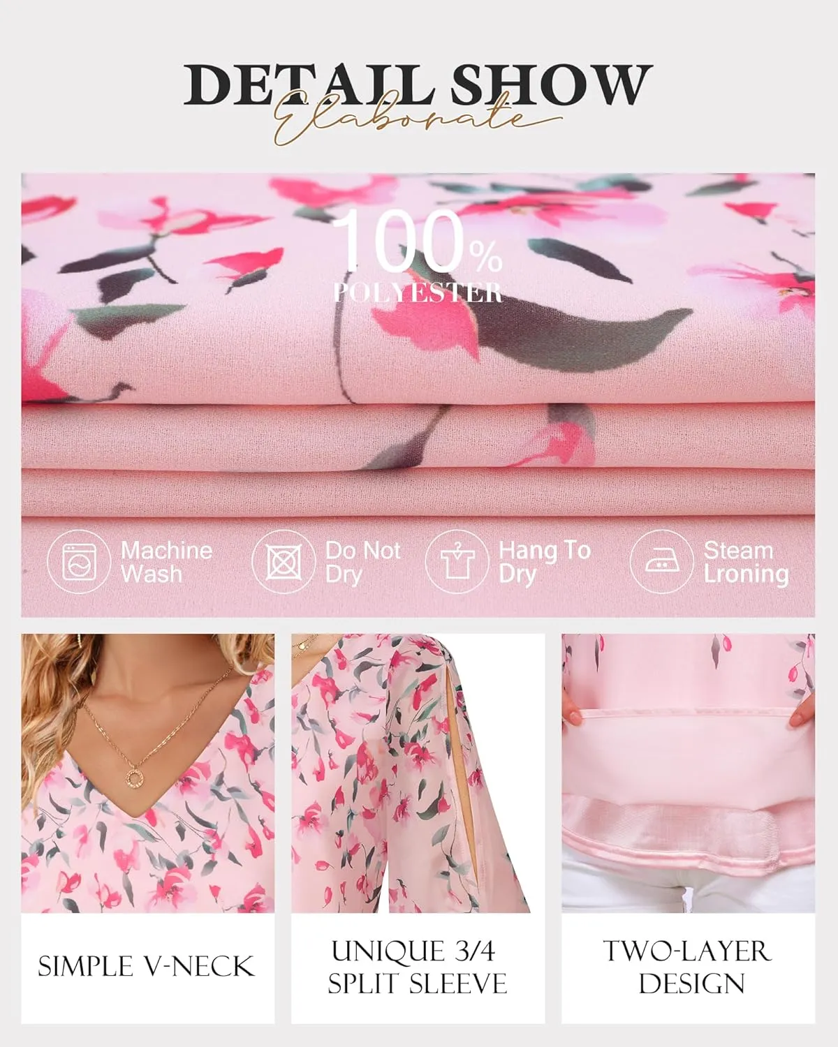 Bebonnie Womens Ruffle 3/4 Sleeve V Neck Double Layers Chiffon Blouses Dressy Tops
