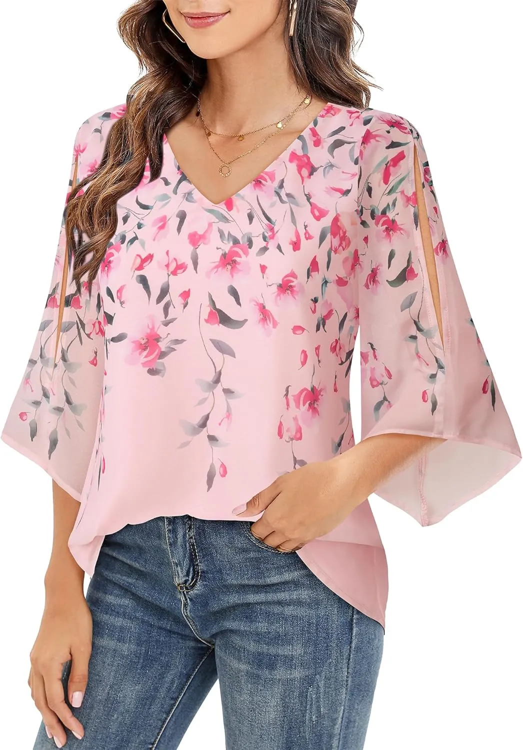 Bebonnie Womens Ruffle 3/4 Sleeve V Neck Double Layers Chiffon Blouses Dressy Tops