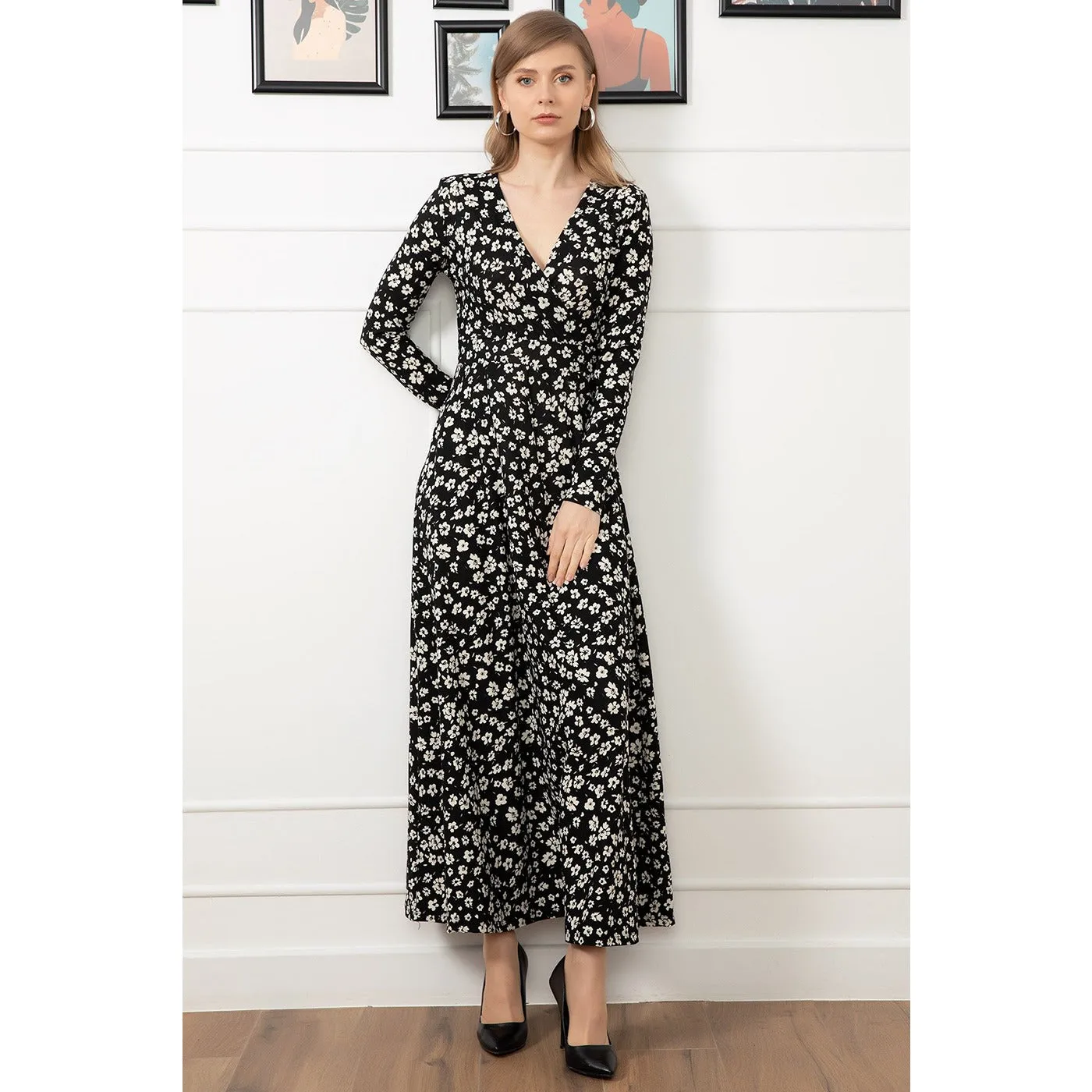 Black Floral Pattern Long Dress