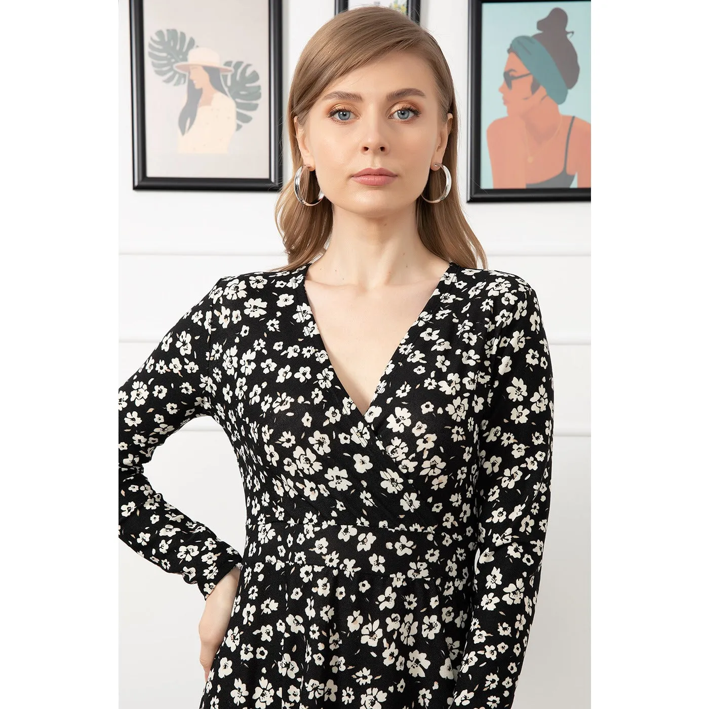 Black Floral Pattern Long Dress