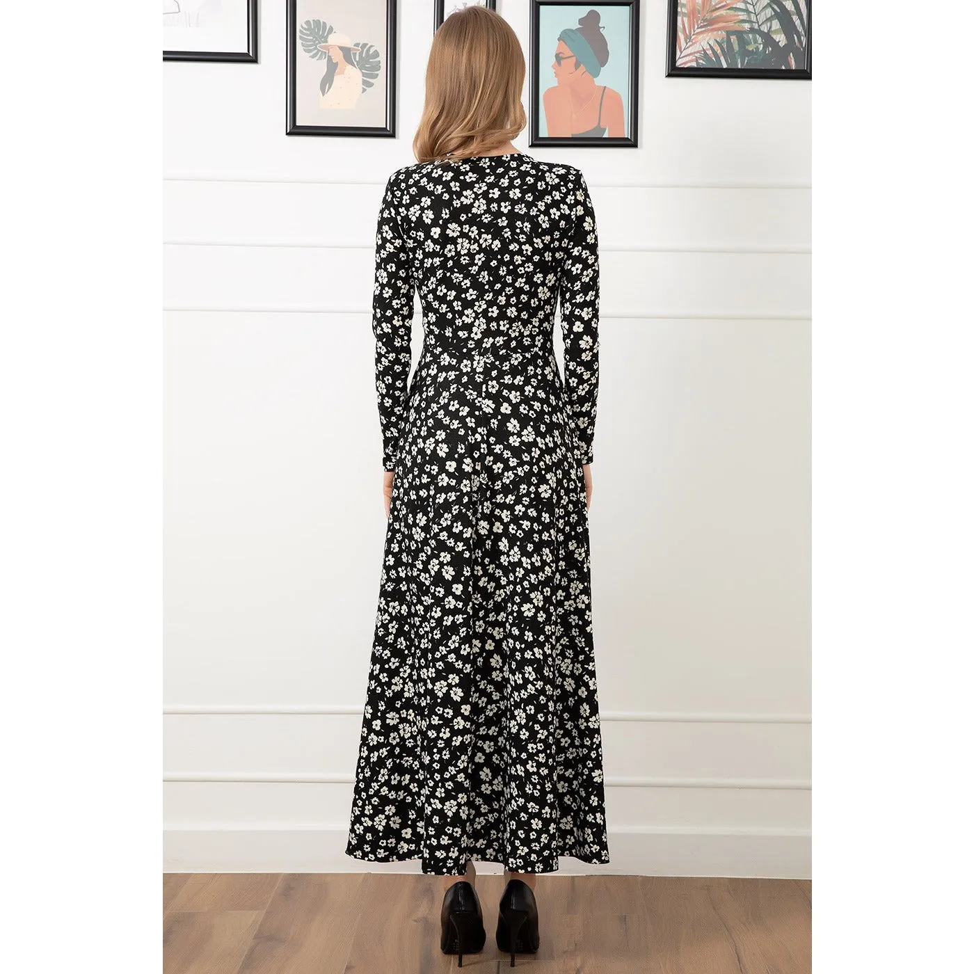 Black Floral Pattern Long Dress