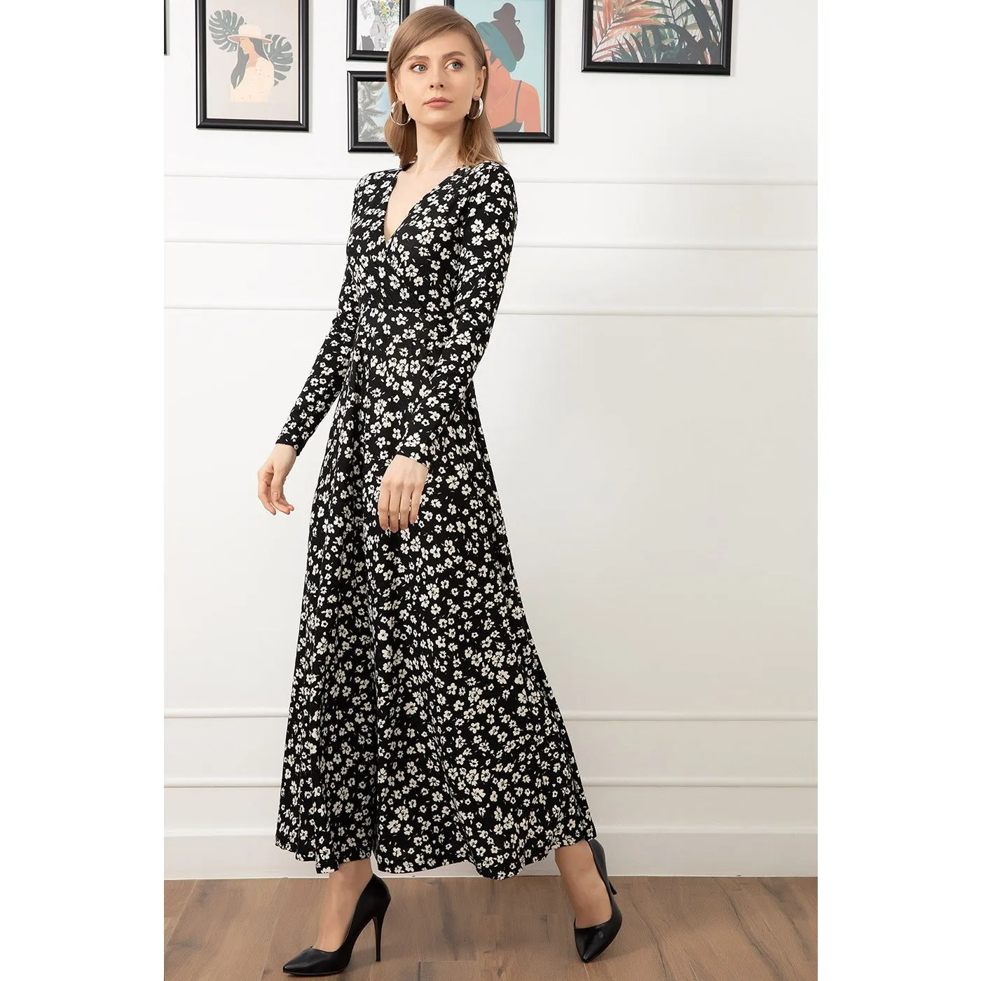 Black Floral Pattern Long Dress
