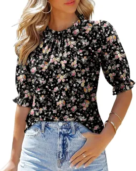 CHICZONE Women's Mock Neck Summer Tops Ruffle Short Sleeve Keyhole Back Casual Boho Blouses