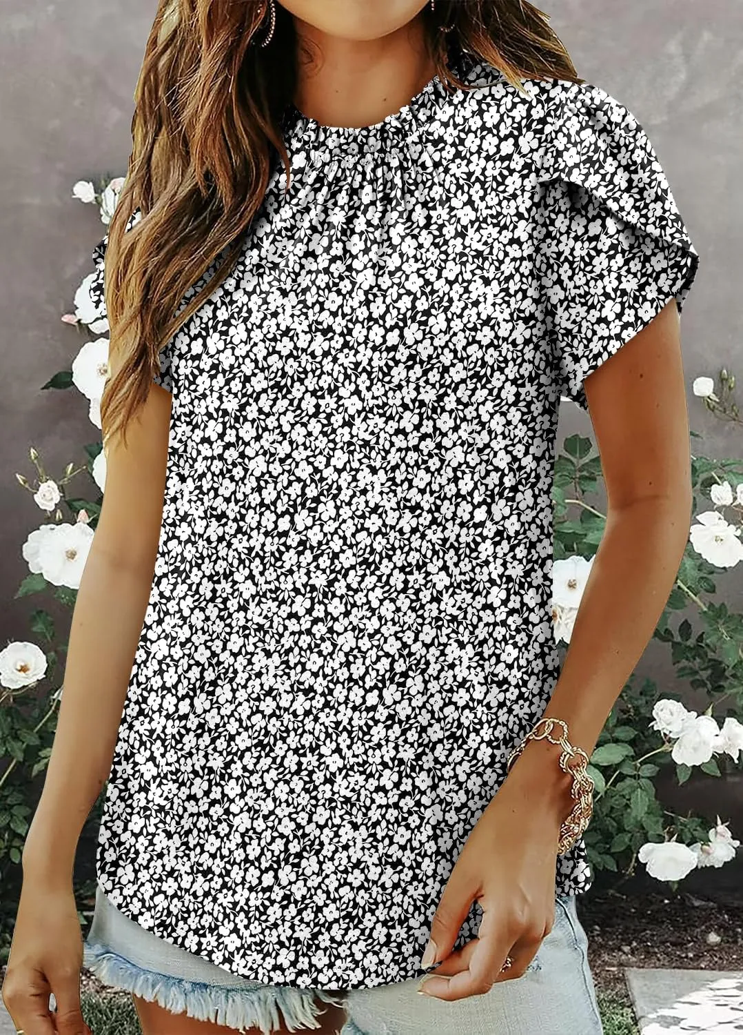 CHICZONE Women's Mock Neck Summer Tops Ruffle Short Sleeve Keyhole Back Casual Boho Blouses