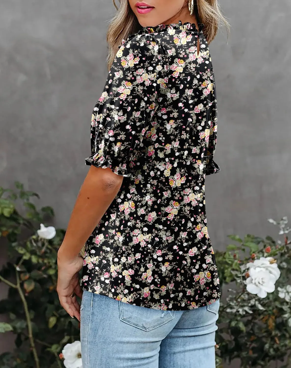 CHICZONE Women's Mock Neck Summer Tops Ruffle Short Sleeve Keyhole Back Casual Boho Blouses