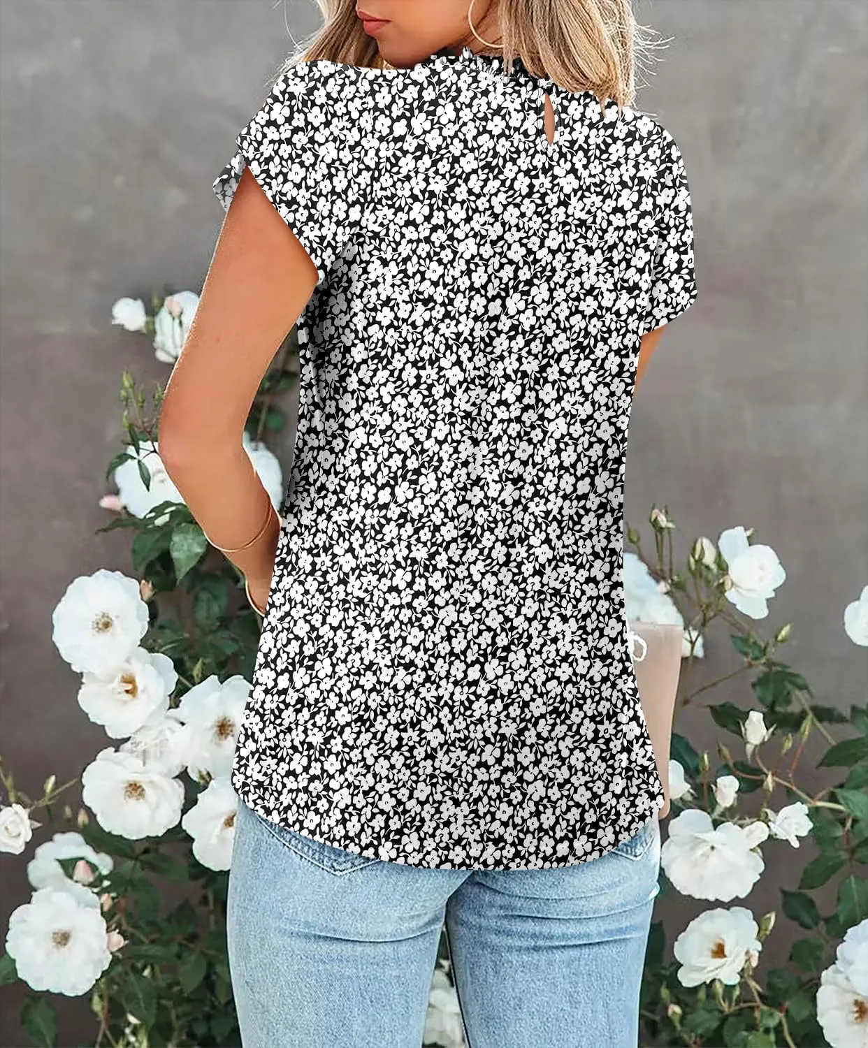 CHICZONE Women's Mock Neck Summer Tops Ruffle Short Sleeve Keyhole Back Casual Boho Blouses