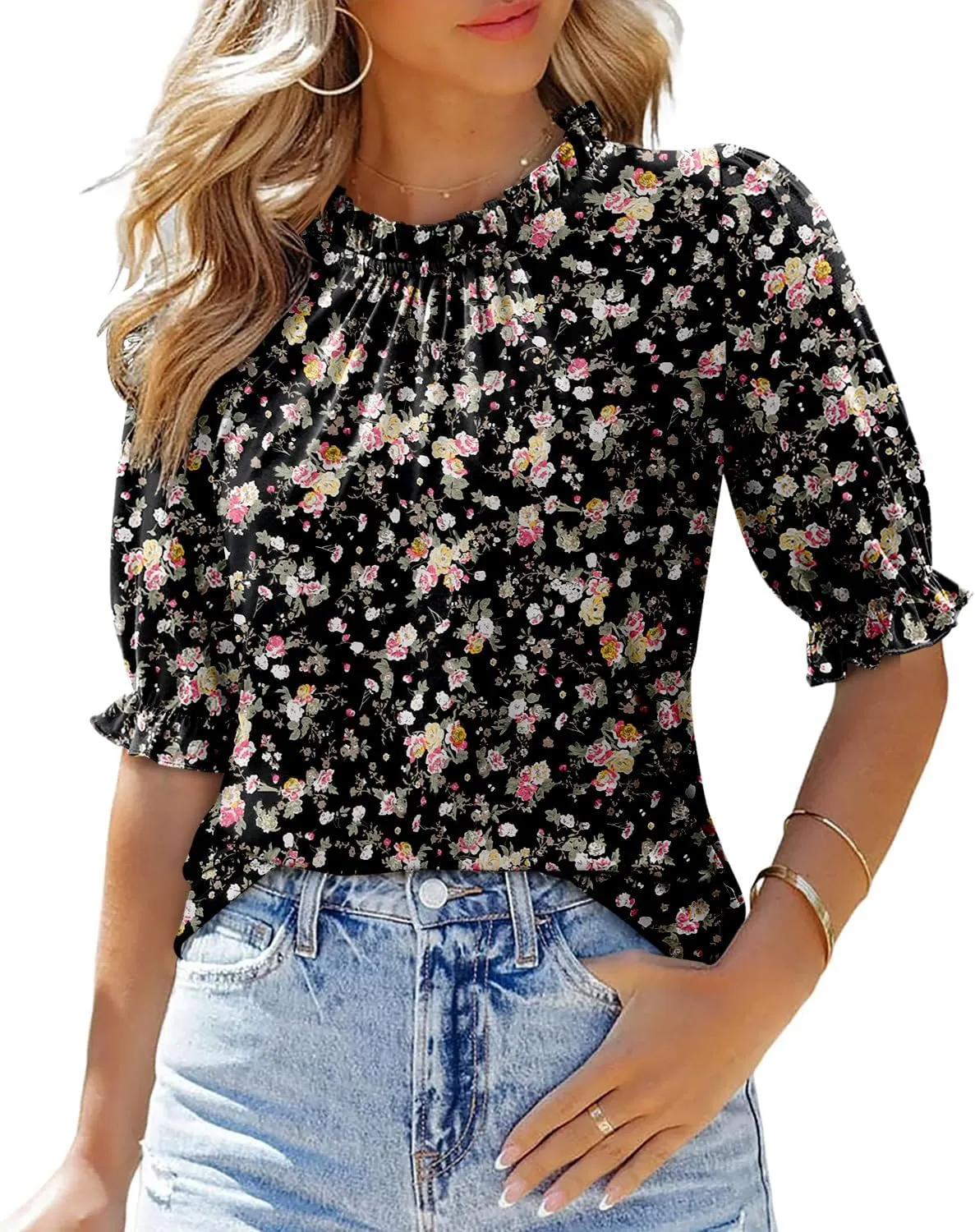CHICZONE Women's Mock Neck Summer Tops Ruffle Short Sleeve Keyhole Back Casual Boho Blouses