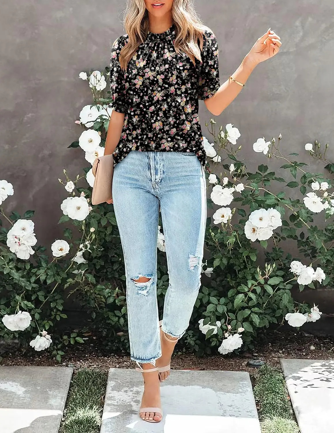 CHICZONE Women's Mock Neck Summer Tops Ruffle Short Sleeve Keyhole Back Casual Boho Blouses
