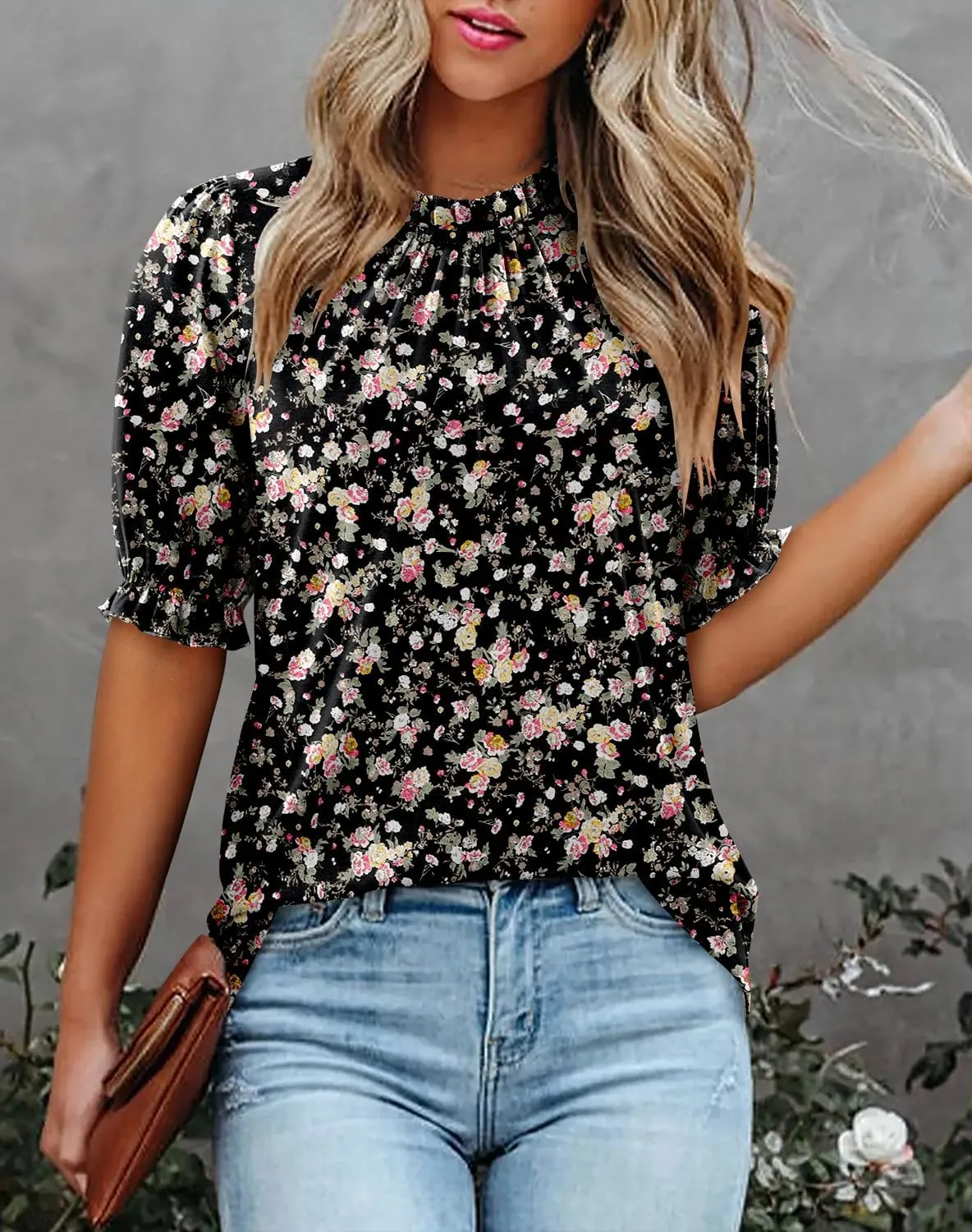 CHICZONE Women's Mock Neck Summer Tops Ruffle Short Sleeve Keyhole Back Casual Boho Blouses