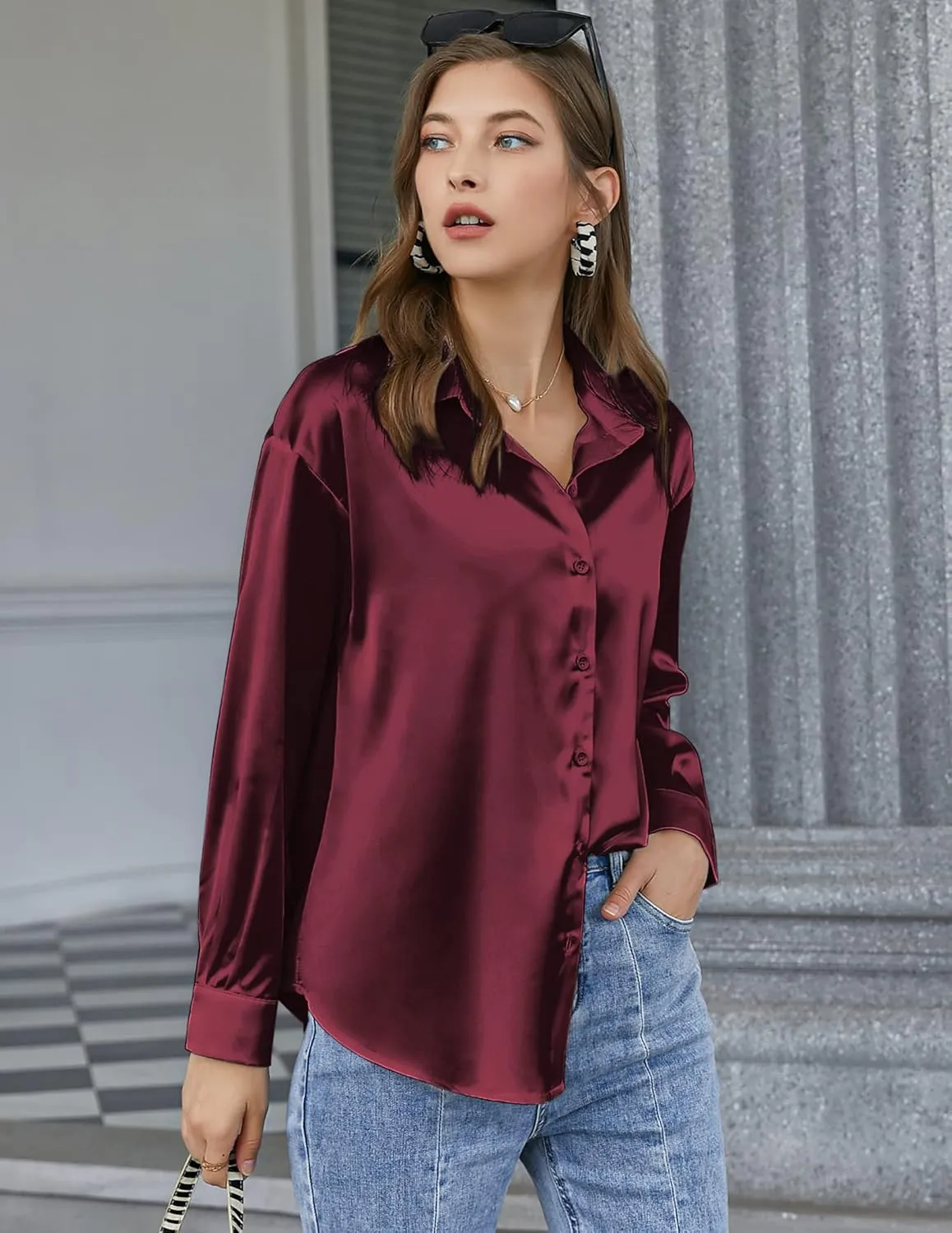 Chigant Women's Blouse Satin Silk Shirts Button Down Shirts Casual Loose Long Sleeve Office Work Tunic Tops