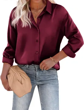 Chigant Women's Blouse Satin Silk Shirts Button Down Shirts Casual Loose Long Sleeve Office Work Tunic Tops