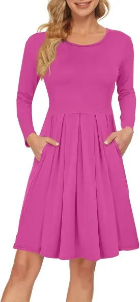COTECRAM 2025 Women's Spring Casual Long Sleeve Midi Dresses with Pockets Crewneck Flowy A Line Knee Length Boho Dress