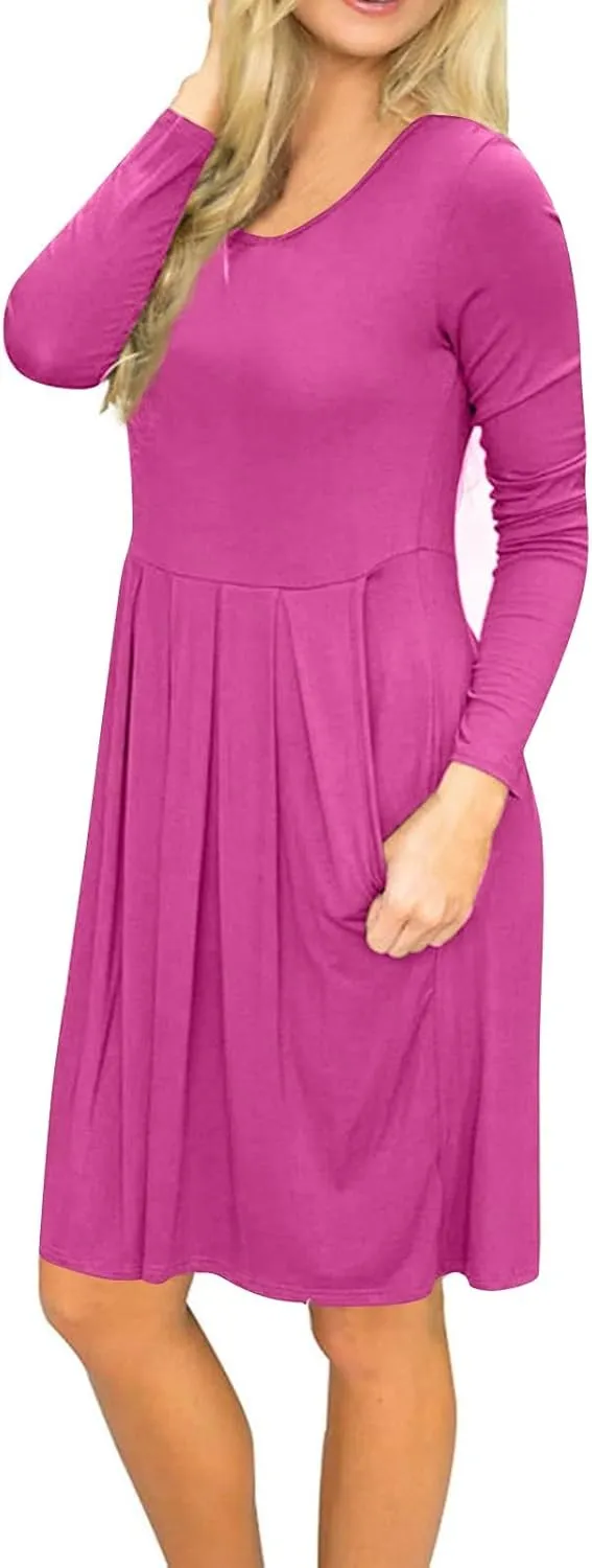 COTECRAM 2025 Women's Spring Casual Long Sleeve Midi Dresses with Pockets Crewneck Flowy A Line Knee Length Boho Dress
