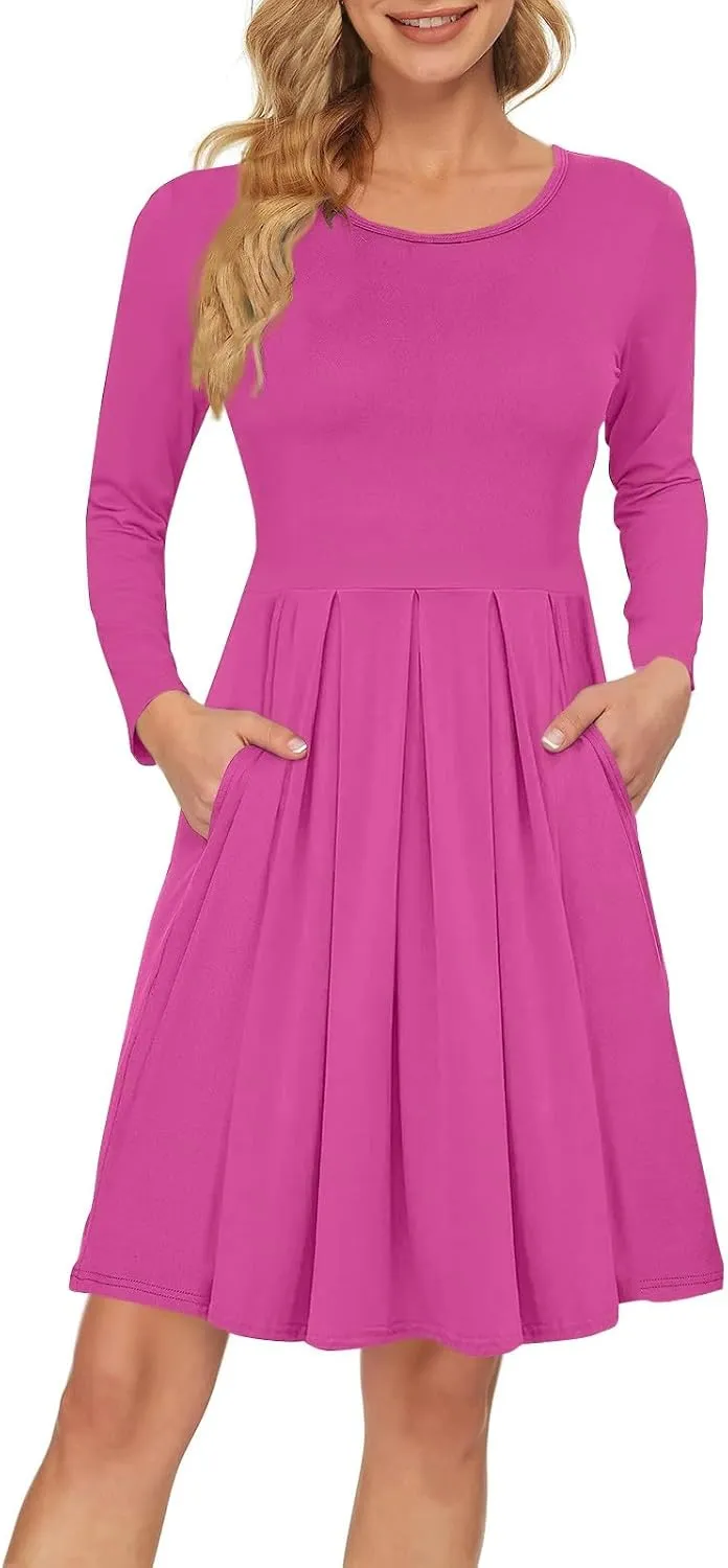 COTECRAM 2025 Women's Spring Casual Long Sleeve Midi Dresses with Pockets Crewneck Flowy A Line Knee Length Boho Dress