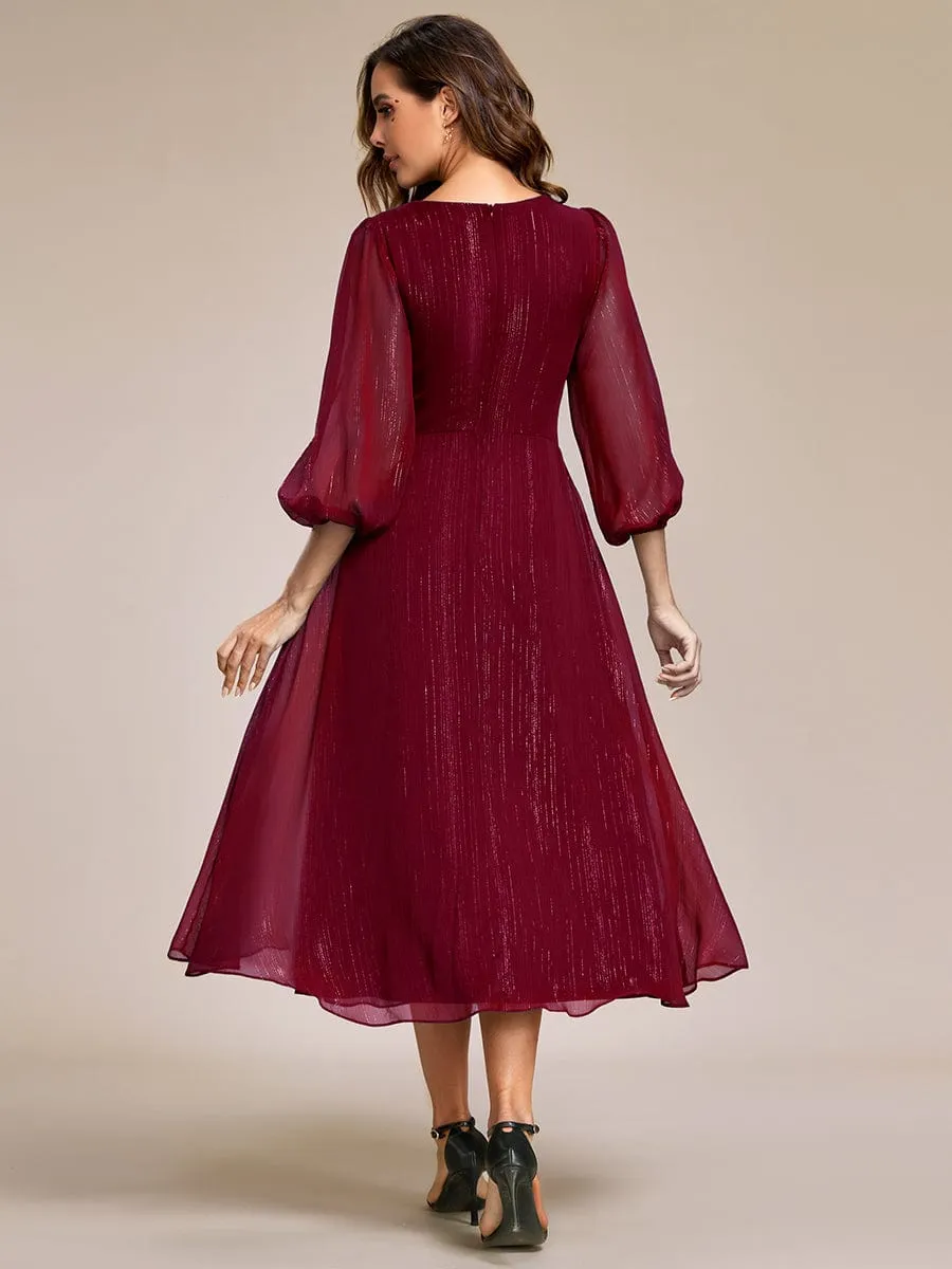 Custom Size See-Through Long Sleeve Twist Knot A-Line Lotus Leaf Shimmering Evening Dress