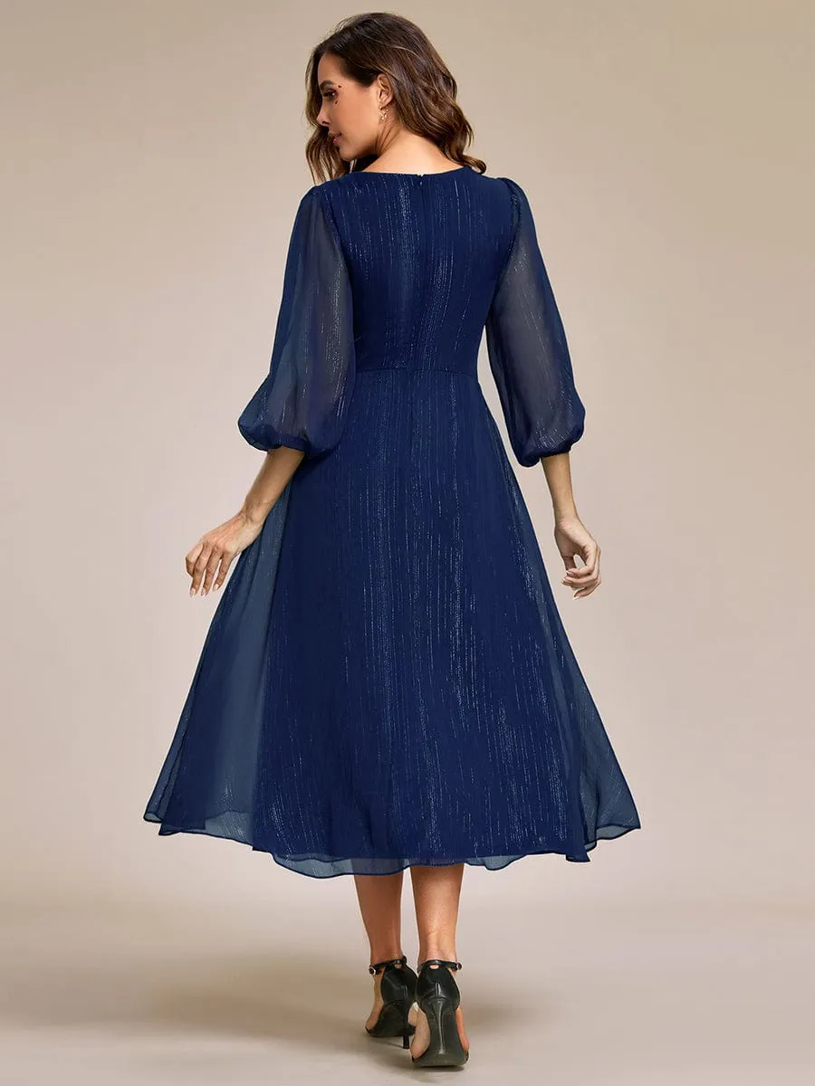 Custom Size See-Through Long Sleeve Twist Knot A-Line Lotus Leaf Shimmering Evening Dress