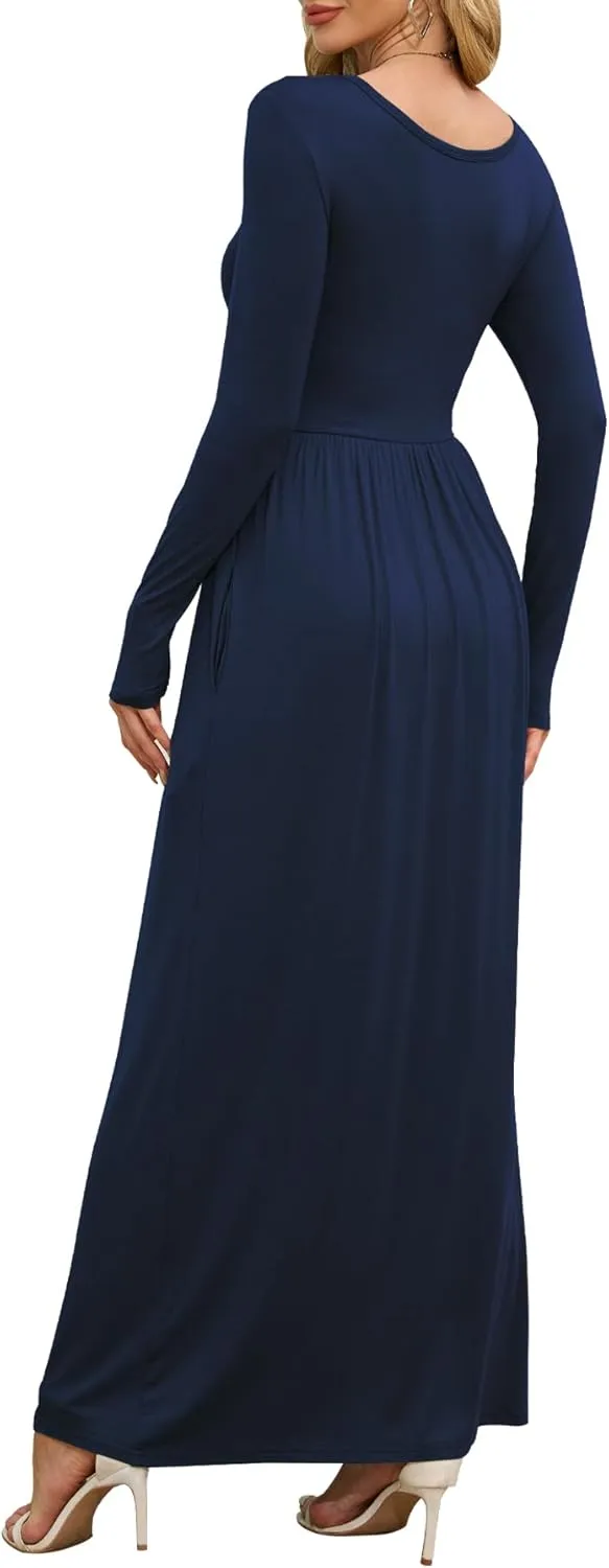 DEARCASE Women's Maxi Dress Long Sleeve Crewneck Loose Plain Casual Empire Waist Fall Party Long Dresses with Pockets