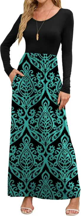DEARCASE Women's Maxi Dress Long Sleeve Crewneck Loose Plain Casual Empire Waist Fall Party Long Dresses with Pockets