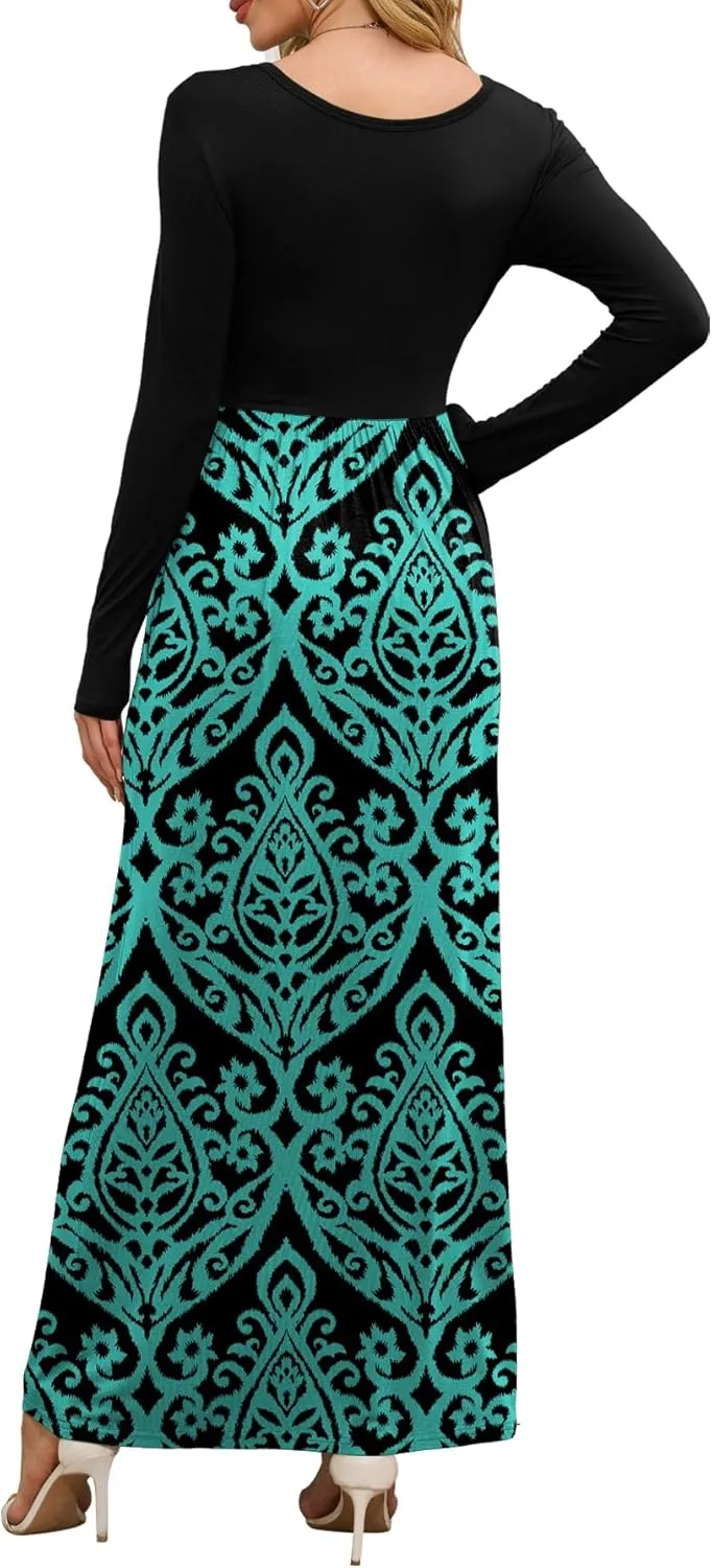 DEARCASE Women's Maxi Dress Long Sleeve Crewneck Loose Plain Casual Empire Waist Fall Party Long Dresses with Pockets