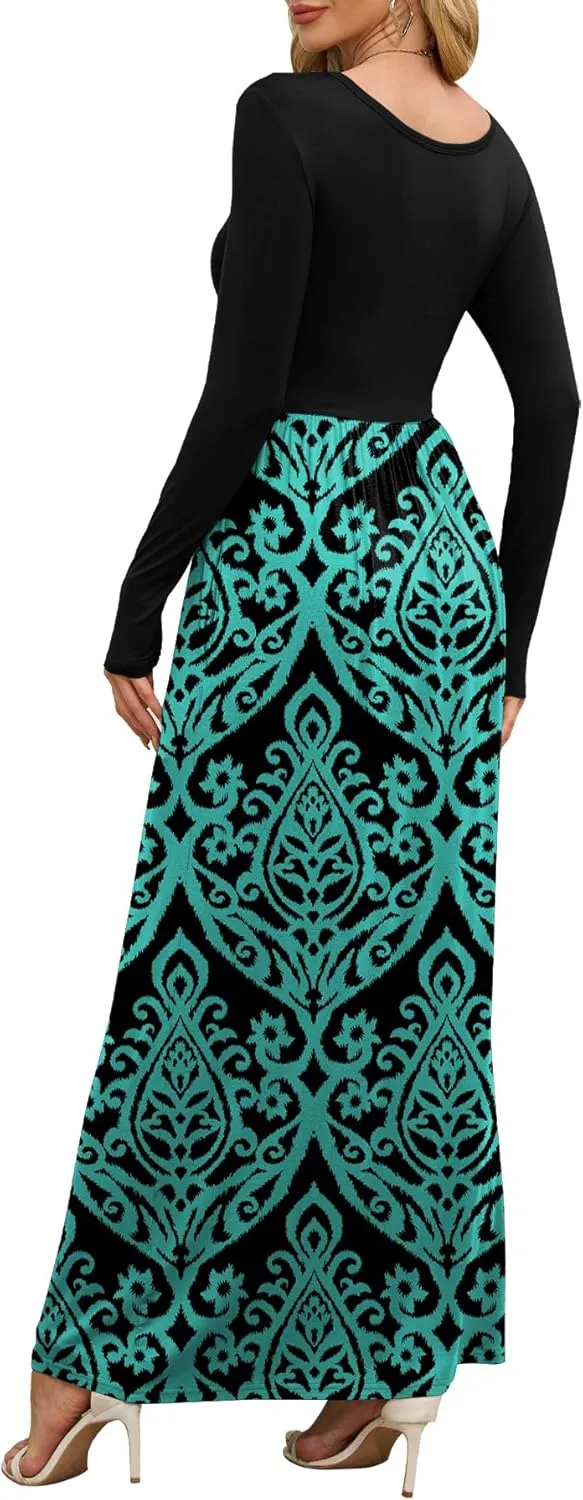 DEARCASE Women's Maxi Dress Long Sleeve Crewneck Loose Plain Casual Empire Waist Fall Party Long Dresses with Pockets