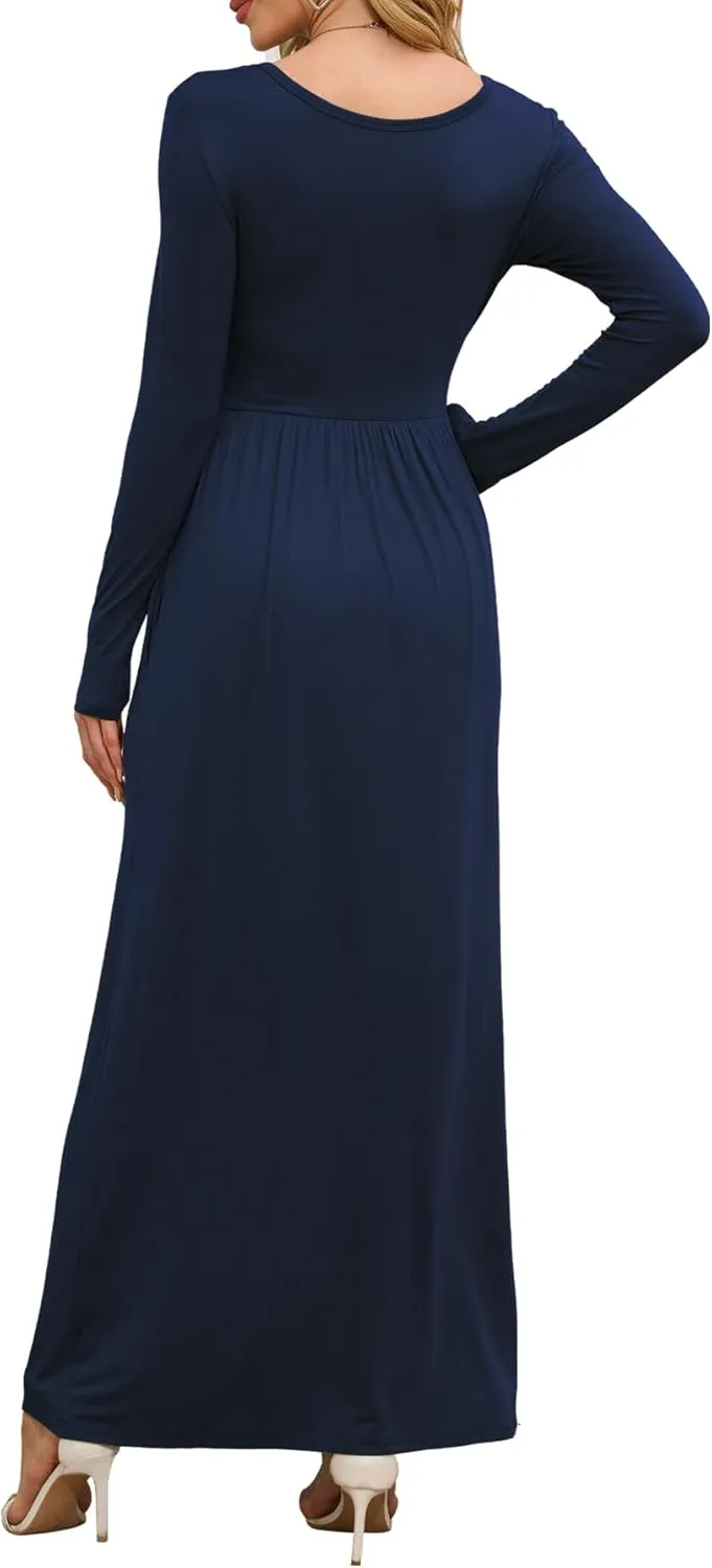 DEARCASE Women's Maxi Dress Long Sleeve Crewneck Loose Plain Casual Empire Waist Fall Party Long Dresses with Pockets