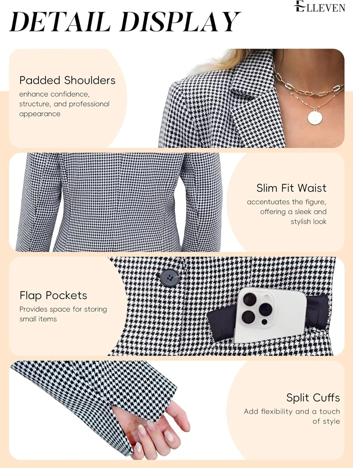 ELLEVEN Women's Lapel Collar Plaid 2 Button Boyfriend Blazer Suit Houndstooth Work Office Blazer Jacket