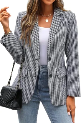 ELLEVEN Women's Lapel Collar Plaid 2 Button Boyfriend Blazer Suit Houndstooth Work Office Blazer Jacket