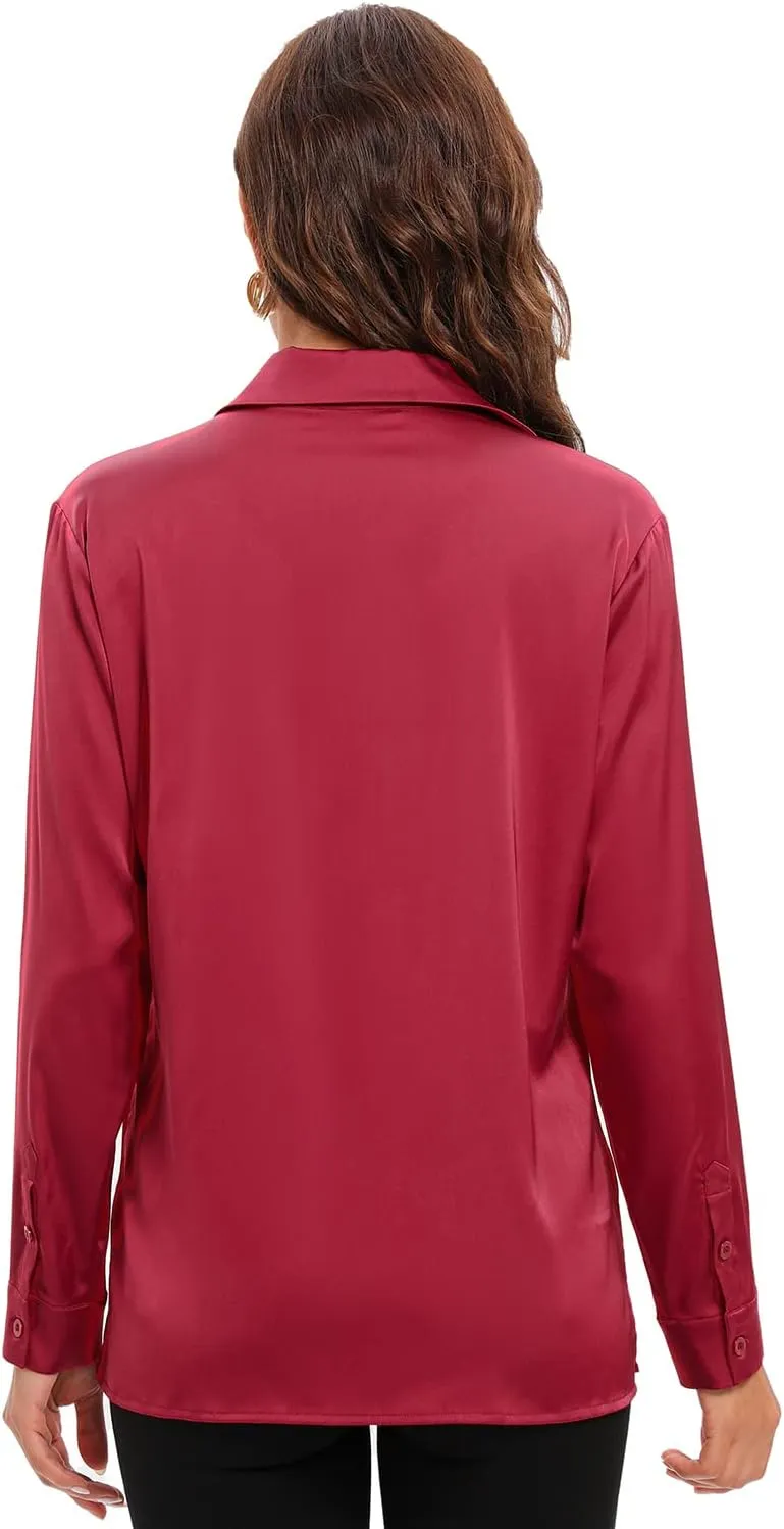 Escalier Women's Silk Blouse Long Sleeve Satin Button Down Shirt Casual Work Office Silky Blouse Top