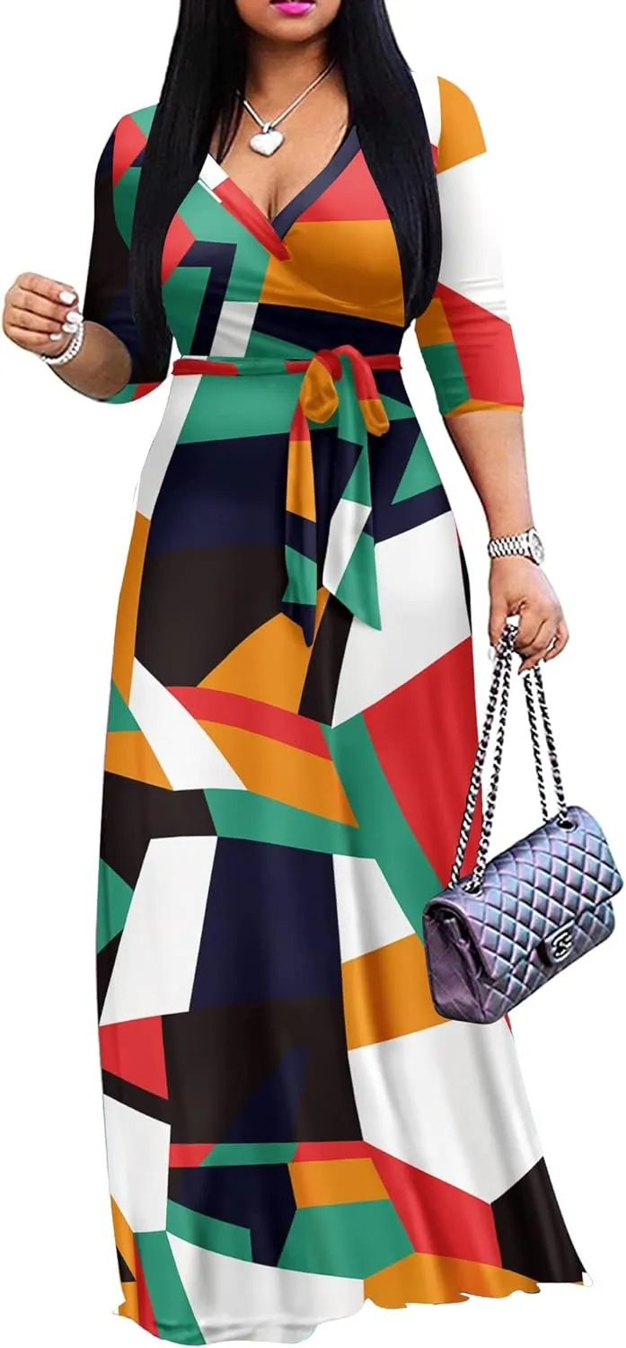 FANDEE Plus Size Maxi Dress for Women Casual Summer Sundress V-Neck 3/4 Sleeve