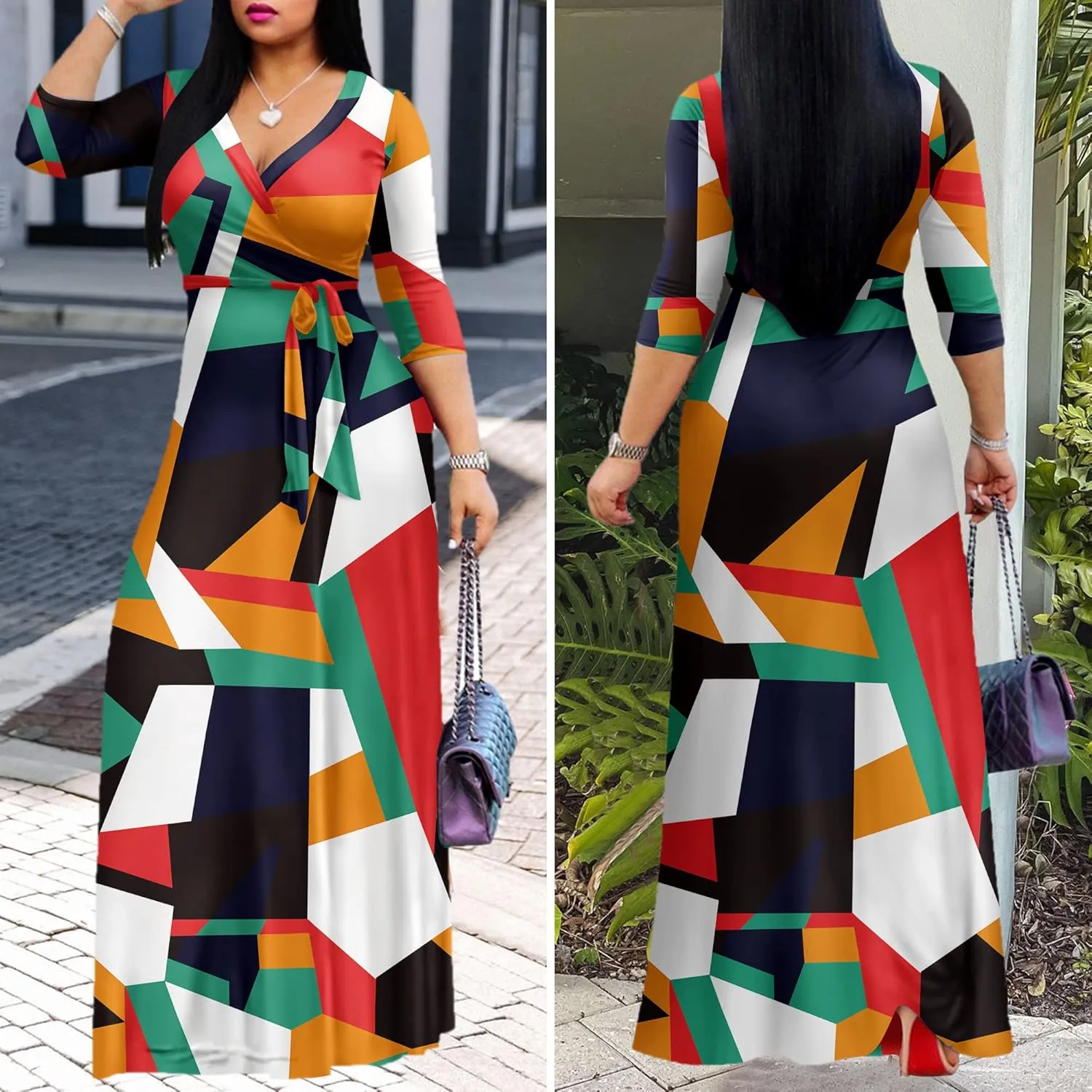 FANDEE Plus Size Maxi Dress for Women Casual Summer Sundress V-Neck 3/4 Sleeve