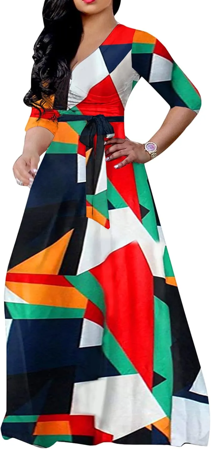 FANDEE Plus Size Maxi Dress for Women Casual Summer Sundress V-Neck 3/4 Sleeve