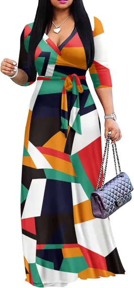 FANDEE Plus Size Maxi Dress for Women Casual Summer Sundress V-Neck 3/4 Sleeve