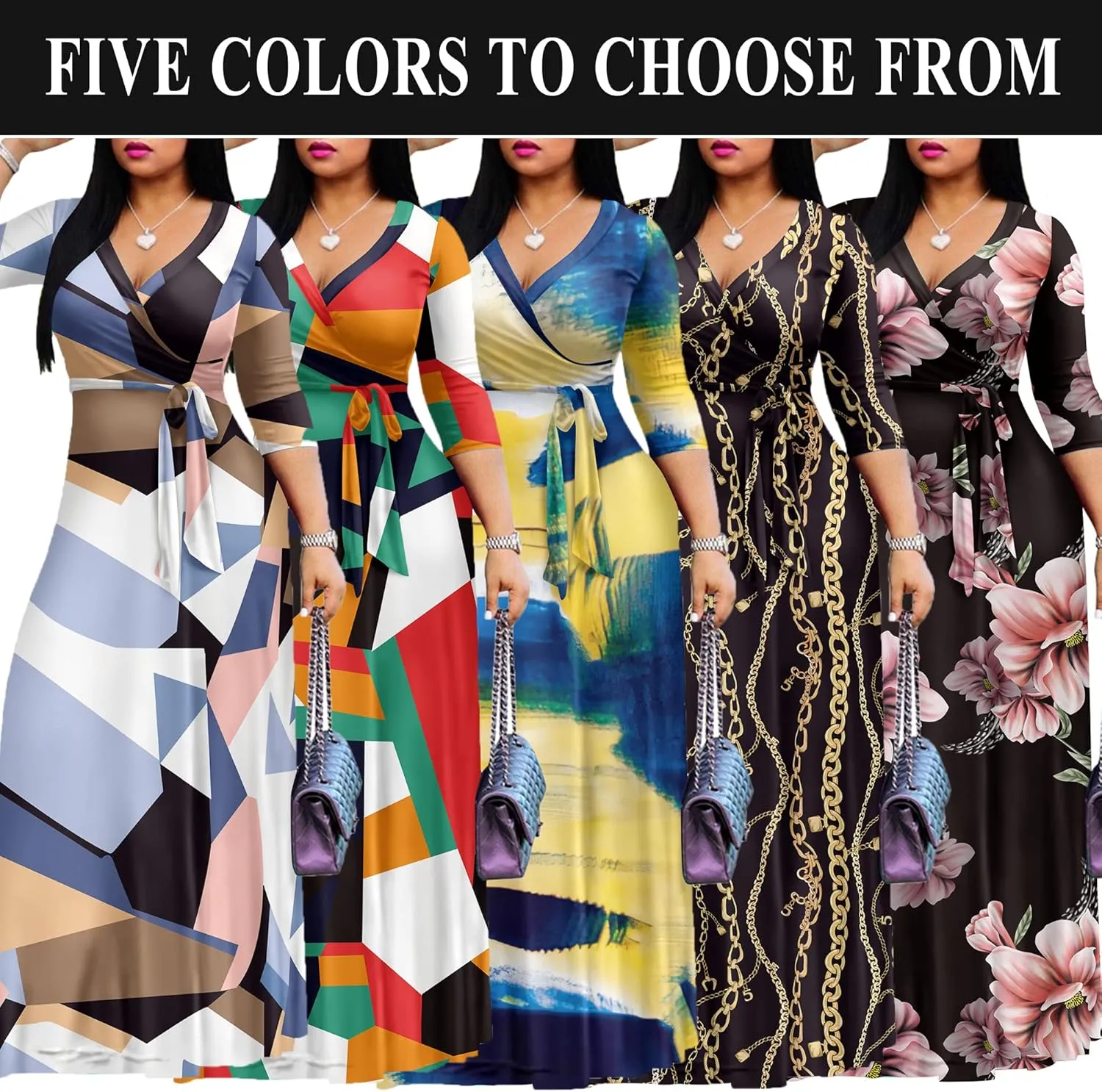 FANDEE Plus Size Maxi Dress for Women Casual Summer Sundress V-Neck 3/4 Sleeve