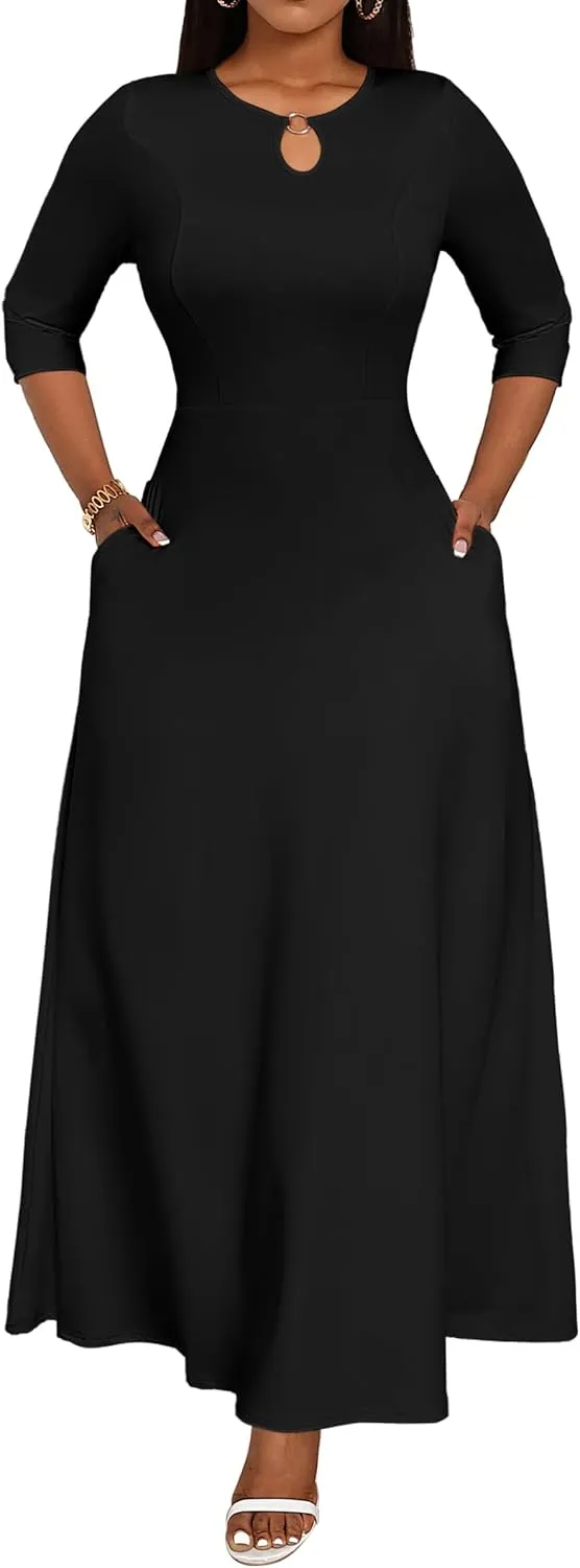 FANDEE Women's Maxi Dress Casual Boho Plain Long Dresses 3/4 Sleeve with Pockets
