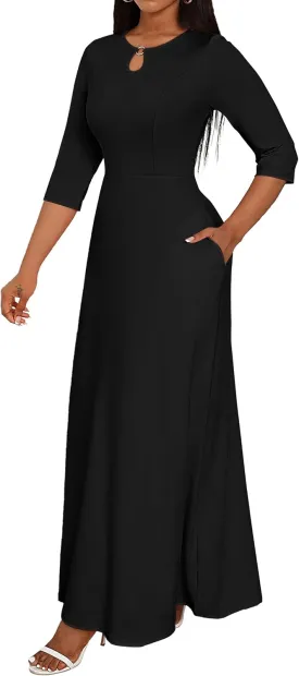 FANDEE Women's Maxi Dress Casual Boho Plain Long Dresses 3/4 Sleeve with Pockets