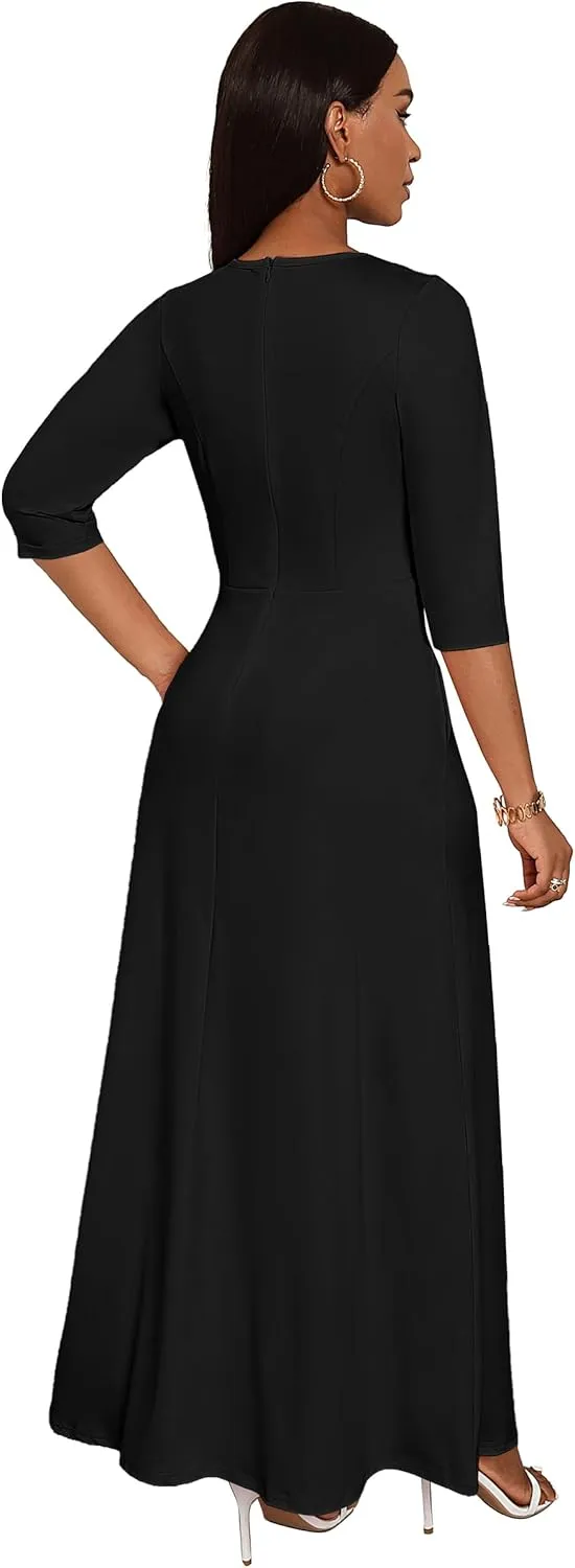 FANDEE Women's Maxi Dress Casual Boho Plain Long Dresses 3/4 Sleeve with Pockets